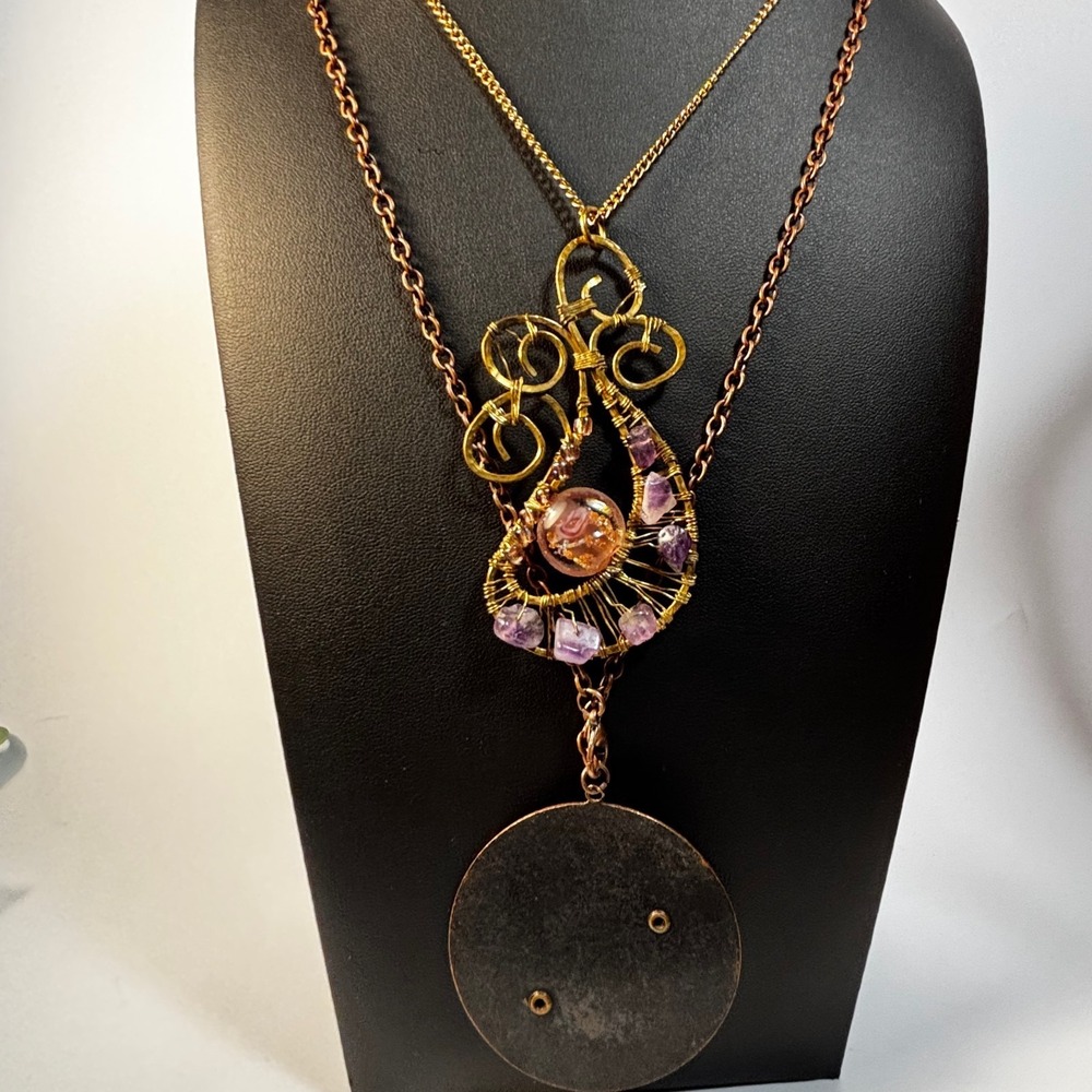 Pendant Necklaces Gold Tone Copper Artisan Handmade‎ Art Glass Huge